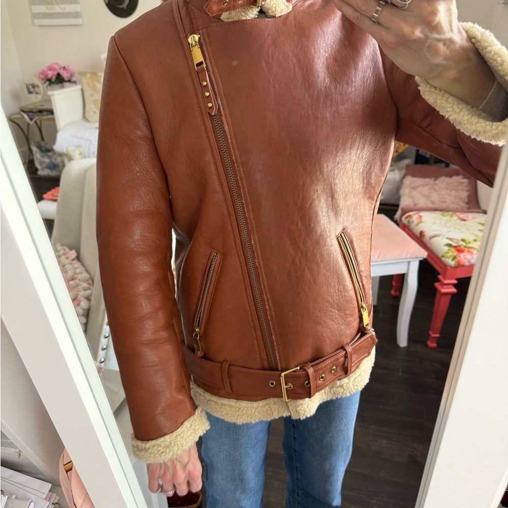 Rebecca Minkoff Sienna Tan Leather Moto Jacket with Cream Shearling - Picture 3 of 9